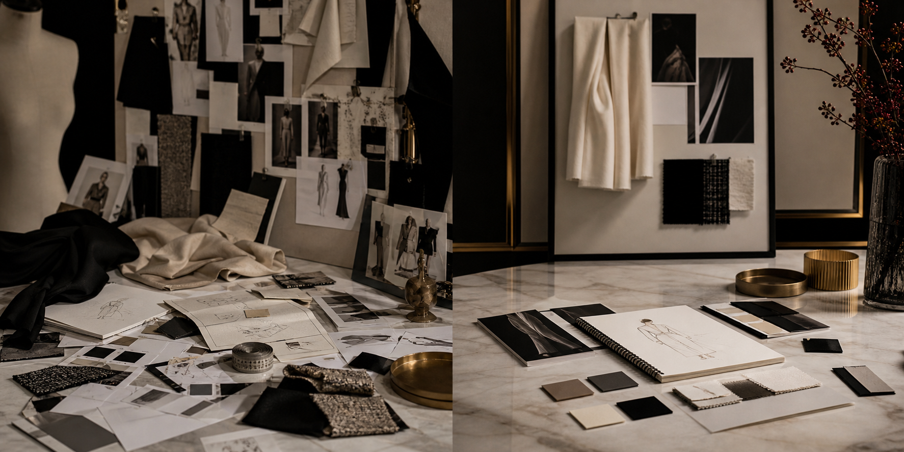 A refined fashion atelier with tailoring, fabric samples, and strategy notes.