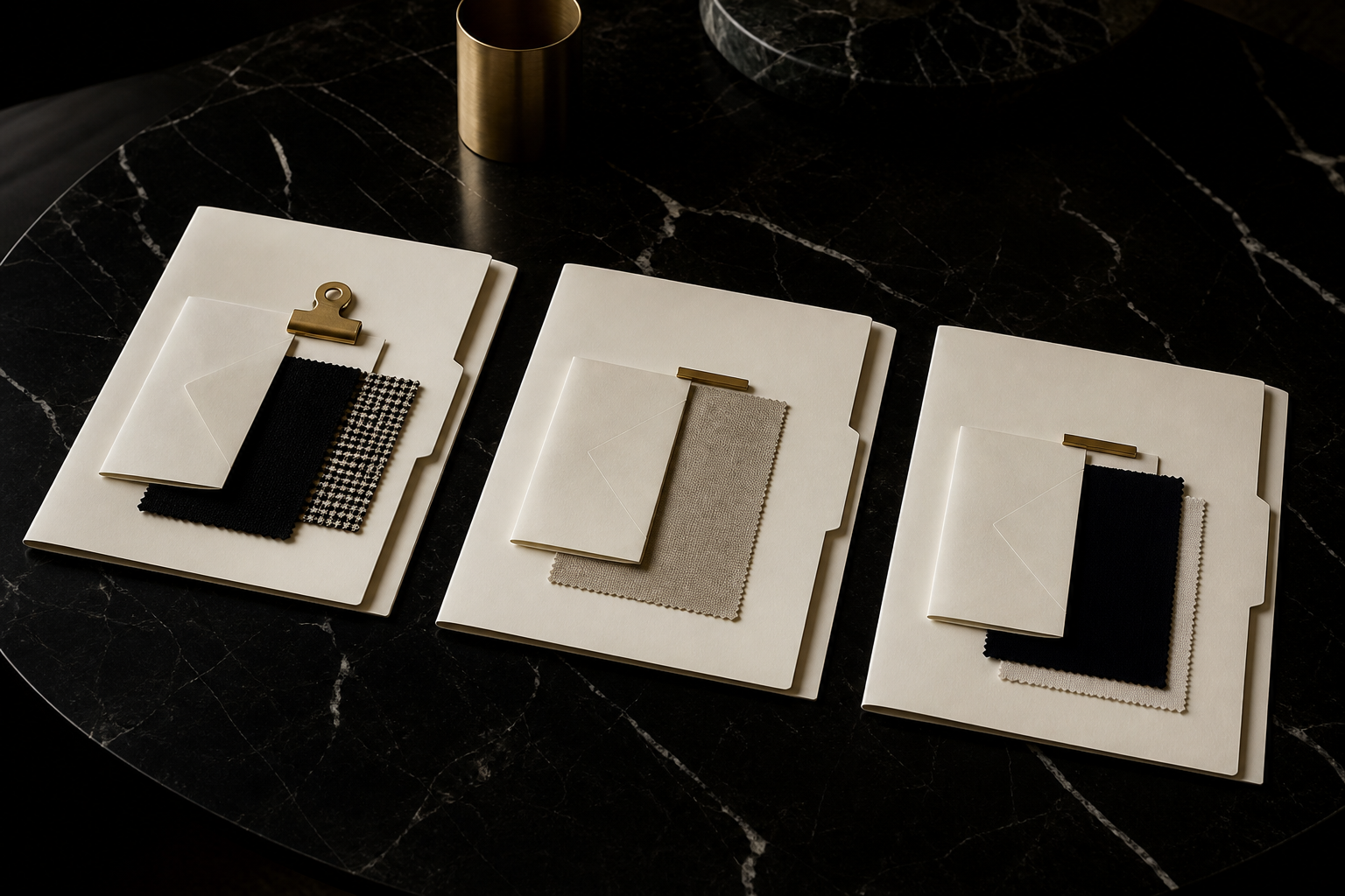 Luxury consulting offer packages on a marble table.